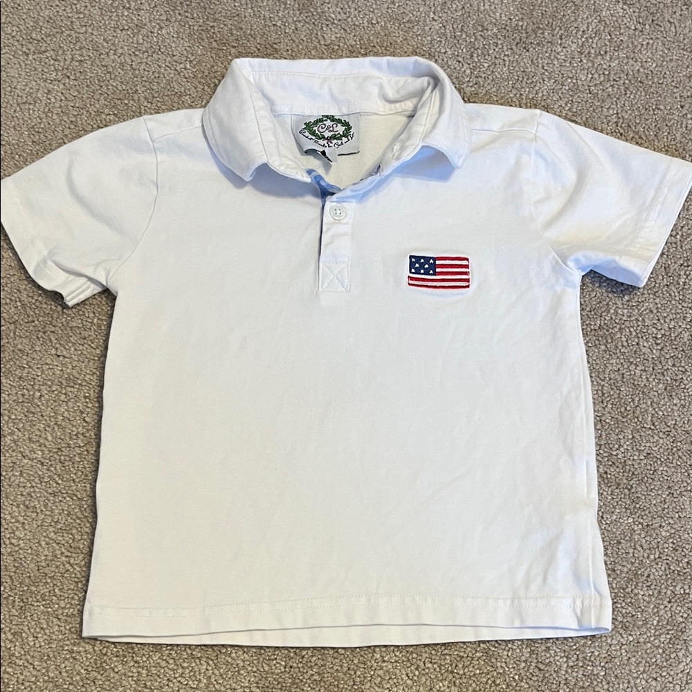 Cecil and Lou Smocked Threads white 3 button american flag usa polo 3T